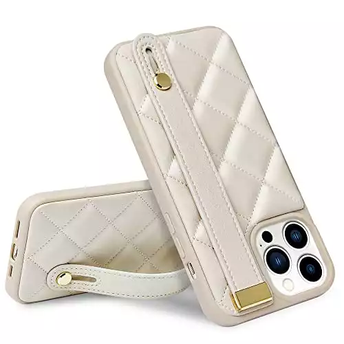 ZVE iPhone 14 Pro Kickstand Case Quilted Leather Cover, Shockproof Case with Stand for Women Strap Cover Case Compatible with iPhone 14 Pro, 6.1 Inch-Beige