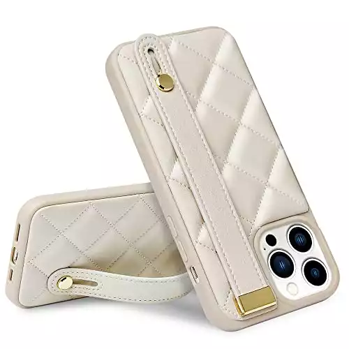 ZVE iPhone 14 Pro Max Kickstand Case Quilted Leather Cover, Shockproof Case with Stand for Women Strap Cover Case Compatible with iPhone 14 Pro Max, 6.7 Inch-Beige