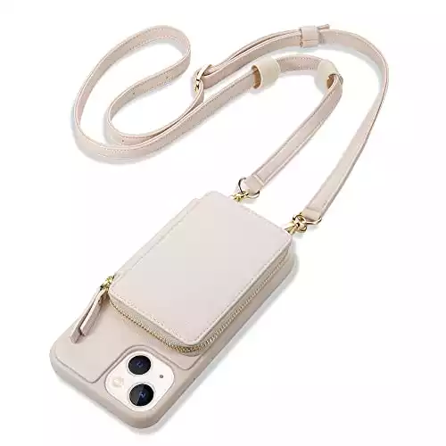 ZVE Crossbody Wallet Case with Lipgloss Loops Compatible with iPhone 14 Plus, Zipper Phone Case with Card Holder Wrist Strap for Women, Leather Purse Gift for iPhone 14 Plus(6.7 inch), 2022-Beige