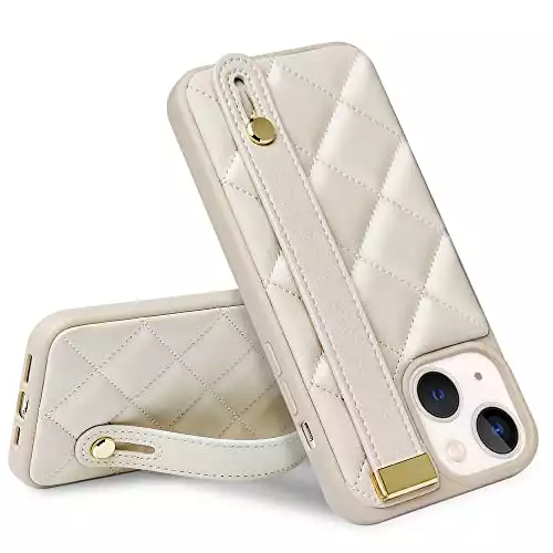 ZVE iPhone 14 Plus Kickstand Case Quilted Leather Cover, Shockproof Case with Stand for Women Strap Cover Case Compatible with iPhone 14 Plus, 6.7 Inch-Beige