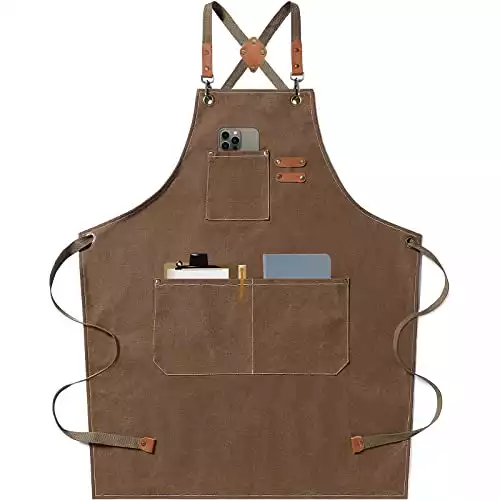 AFUN Chef Aprons for Men Women with Large Pockets, Cotton Canvas Cross Back Heavy Duty Adjustable Work Apron, Size M to XXL (Brown)