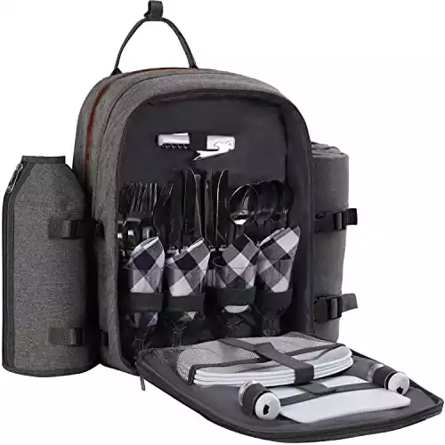 ALLCAMP OUTDOOR GEAR Picnic Backpack for 4 Person W/ Detachable Wine Holder, Insulated Food Compartment and Picnic Cutlery for Family Outdoor Camping and Gift (Grey)