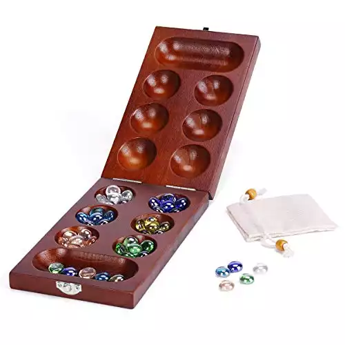 ropoda Mancala Board Game Set with Folding Rubber Wood Board & 48+5 Multi Color Glass Stones & Stone Storage Bag - Marble Game for Daily Life, Party, Festival – Portable for Kids and Adults