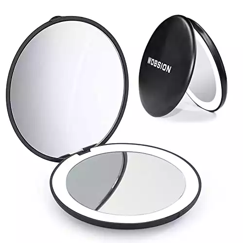 wobsion Led Compact Mirror, 1x/10x Magnification Compact Mirror with Light,Handheld 2-Sided Pocket Mirror,Travel Makeup Mirror,3.5in Compact Mirror for Purses,Small Mirror for Handbag,Black