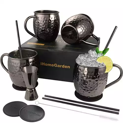 Moscow Mule Mugs Set of 4, Gift Set Black Mule Mugs Pure Solid Hammered Stainless Steel Mule Mug for Drinking, 16OZ Food Safe 100% Handcrafted Moscow Mule Kit