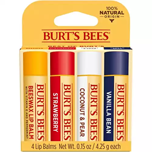 Burt's Bees Lip Balm Stocking Stuffers, Moisturizing Lip Care Holiday Gift, 100% Natural, Original Beeswax, Strawberry, Coconut & Pear, Vanilla Bean with Beeswax & Fruit Extracts, Multipa...