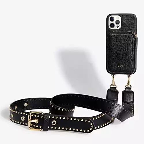 ZVE iPhone 13 Pro Max Wallet Case Crossbody, Zipper Phone Case Leather with RFID Card Holder Rivet Adjustable Strap Stand Purse Gift Cover for Women for iPhone 13 Pro Max, 6.7 inch, 2021-Black