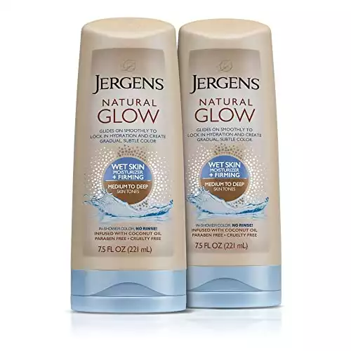 Jergens Natural Glow +FIRMING In-shower Self Tanner Body Lotion, Sunless Tanning for Medium to Tan Skin Tone, Anti Cellulite Firming Moisturizer, for Gradual Natural Fake Tan, 7.5 Ounce (Pack of 2)