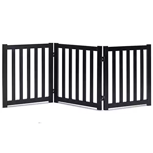 LZRS Oak Wood Freestanding Pet Gate,Wooden Dog Gates for Doorways,Dog Gates for The House,Dog Gate for Stairs,Freestanding Indoor Outdoor Gate Safety Fence Bonus Pet Collar