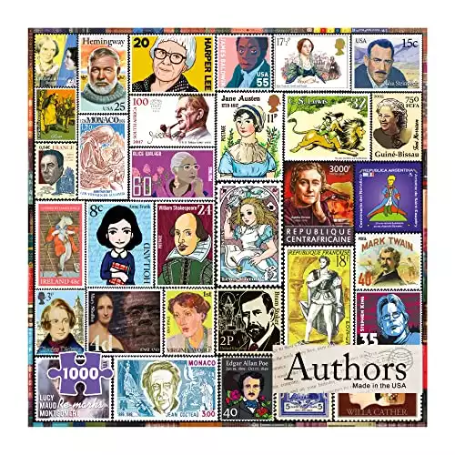 Re-marks Famous Authors Postage-Stamp Collage Puzzle, 1000 Piece Jigsaw Puzzle for All Ages