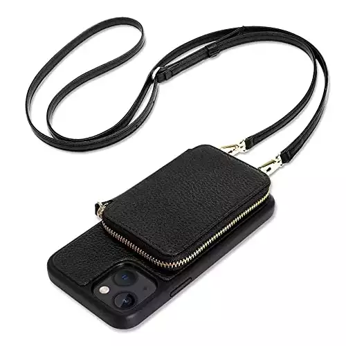 ZVE iPhone 13 Crossbody Wallet Case, iPhone 13 Zipper Phone Case with RFID Blocking Card Holder Wrist Strap Purse Gift for Women for iPhone 13(6.1 inch), 5G- Black