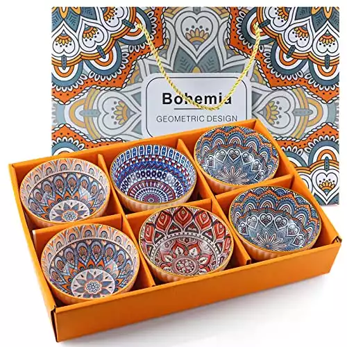 Sanbege Ceramic Rice Bowls 10 oz, Bohemian Style Bowl Gift Set, Assorted Dinnerware Serving Bowls for Cereal, Soup, Dessert, Snack, Fruit, Salsa, Pack of 6 (Geometric Pattern)