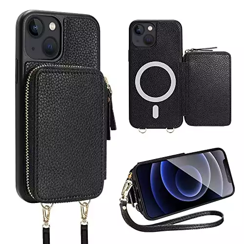 ZVE iPhone 13 Magsafe Crossbody Wallet Case, RFID Blocking Wireless Charging Magnetic Purse Case Cover with Card Holder Wrist Strap for iPhone 13, 6.1 inch-Black