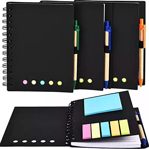 4 Packs Lined Spiral Notebook Kraft Paper Cover Notepad with Pen In Holder, Sticky Notes and Page Marker Colored Index Tabs, Steno Pocket Business Notebook(Black, Large)