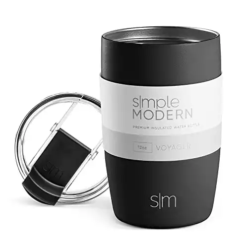Simple Modern Travel Coffee Mug Insulated Stainless Steel Thermos Cup Voyager with Straw and Clear Flip Lid 12oz (350ml) Tumbler, -Midnight Black