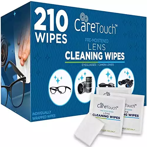 Care Touch Lens Wipes for Eyeglasses | Individually Wrapped Eye Glasses Wipes | 210 Pre-Moistened Lens Cleaning Eyeglass Wipes