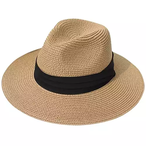 Lanzom Women Wide Brim Straw Panama Roll up Hat Belt Buckle Fedora Beach Sun Hat UPF50+