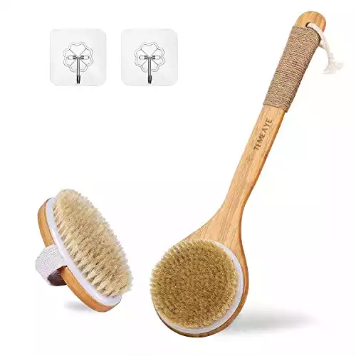 Dry Body Brush,Gentle Exfoliation,Remove Cellulite,Lymphatic Drainage,Slong Brush Can go Straight to The Back,Making The Whole Body Skin Softer,Improve Blood Circulation, Set of 2, with 2 Wall Hook