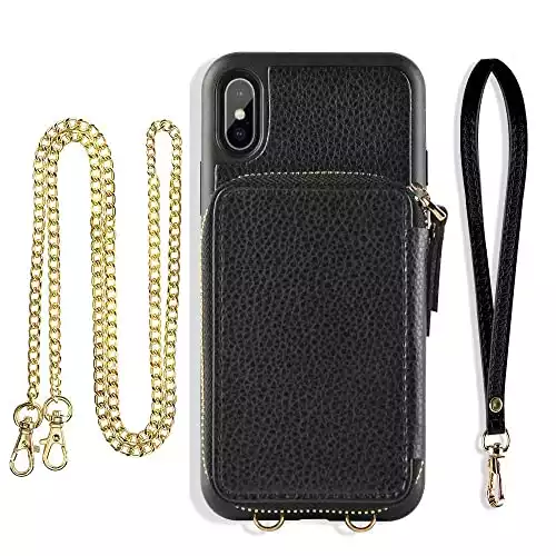 ZVE Case for Apple iPhone Xs and X, 5.8 inch, Wallet Case with Crossbody Chain Strap Credit Card Holder Slot Zipper Shoulder Handbag Purse Wrist Strap Case Cover for Apple iPhone X and XS - Black