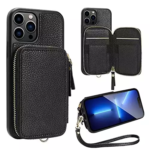 ZVE Wallet Case Compatible with iPhone 13 Pro, Card Holder Case with Wrist Strap Leather Handbag Case for Women Protective Case Compatible with iPhone 13 Pro 6.1''(2021) - Black