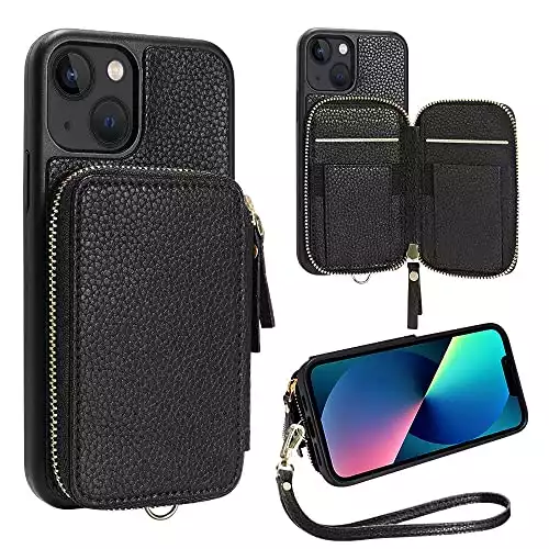ZVE Wallet Case Compatible with iPhone 13 6.1 inch, Zipper Leather Case with RFID Cards Holder Slots Wristlet Strap Purse, Protective Cover Compatible with iPhone 13 6.1