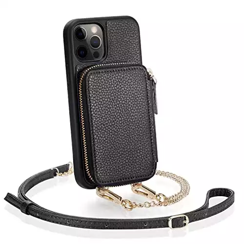 ZVE iPhone 12 Pro Max Crossbody Wallet Case, Zipper Phone Case with Credit Card Holder Wrist Strap Purse Cover Gift for Women Compatible with iPhone 12 Pro Max, 6.7 inch 5G 2020-Black