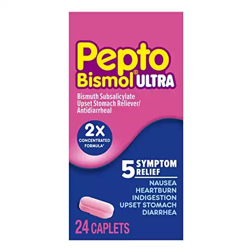 Pepto Bismol Ultra Caplets, 2X Concentrated Formula*, Upset Stomach Relief, Bismuth Subsalicylate, Multi-Symptom Relief of Gas, Nausea, Heartburn, Indigestion, Upset Stomach, Diarrhea, 24 Caplets