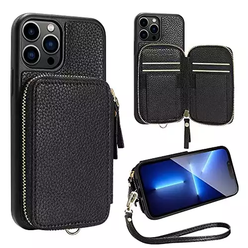 ZVE Wallet Case Compatible with iPhone 13 Pro Max, RFID Credit Card Holder Case with Wrist Strap Leather Handbag Case for Women Protective Case Compatible with iPhone 13 Pro Max 6.7