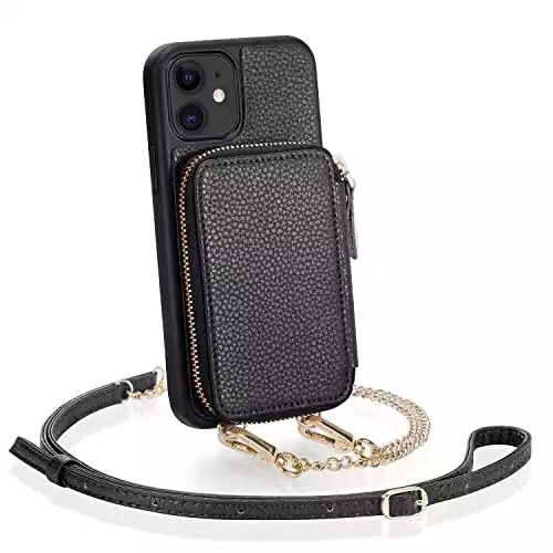 iPhone 11 Wallet Case, ZVE iPhone 11 Case with Credit Card Holder Crossbody Chain Handbag Purse Wrist Strap Zipper Leather Case Cover for Apple iPhone 11 6.1 inch 2019 - Black