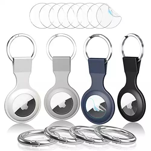 [4 Pack] Soft Silicone Case Compatible with Apple AirTag 2021, with 8Pcs Screen Protector, Anti-Scratch Lightweight Skin Cover with Key Ring for AirTags Holder Keychain Accessories