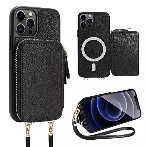 ZVE iPhone 13 Pro Max Magsafe Crossbody Wallet Case, RFID Magnetic Wireless Charging Phone Case with Card Holder Wrist Strap for Women, Zipper Leather Purse Cover for iPhone 13 Pro Max, 6.7