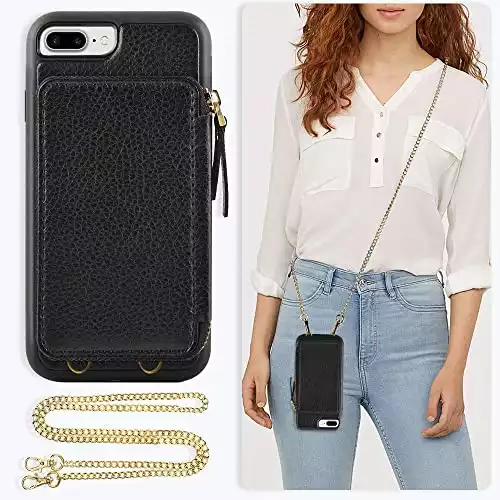 ZVE Case for Apple iPhone 8 Plus and iPhone 7 Plus, 5.5 inch, Leather Wallet Case with Crossbody Chain Credit Card Holder Slot Zipper Purse Case for Apple iPhone 7 Plus and 8 Plus 5.5 - Black