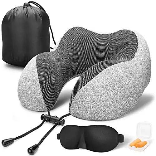 MLVOC Travel Pillow 100% Pure Memory Foam Neck Pillow, Comfortable & Breathable Cover - Machine Washable, Airplane Travel Kit with 3D Sleep Mask, Earplugs, and Luxury Bag, Grey