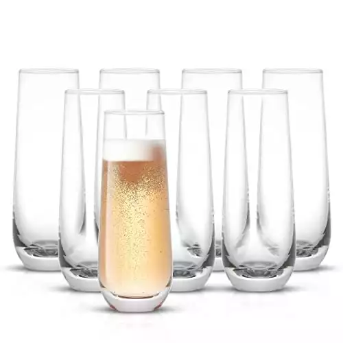 JoyJolt Milo Stemless Champagne Flutes Set of 8 Crystal Glasses. 9.4oz Champagne Glasses. Prosecco Wine Flute, Mimosa Glasses Set, Cocktail Glass Set, Water Glasses, Highball Glass, Bar Glassware