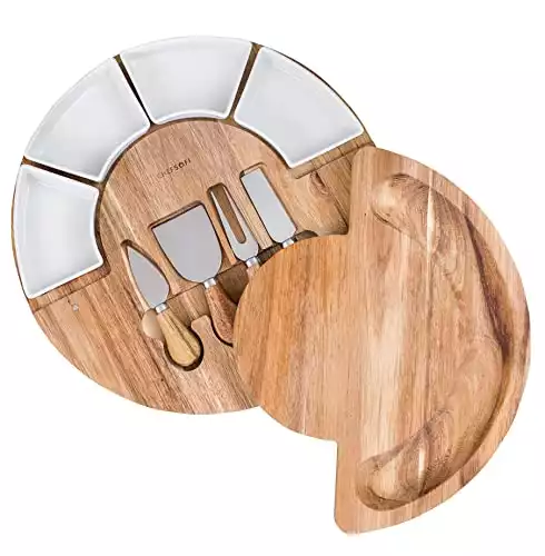 Cheese Board Set - Charcuterie Board Set and Cheese Serving Platter. US Patented 13 inch Meat/Cheese Cutting Board and Knife Set for Entertaining and Serving - 4 Knives and 4 Bowls Server Plate