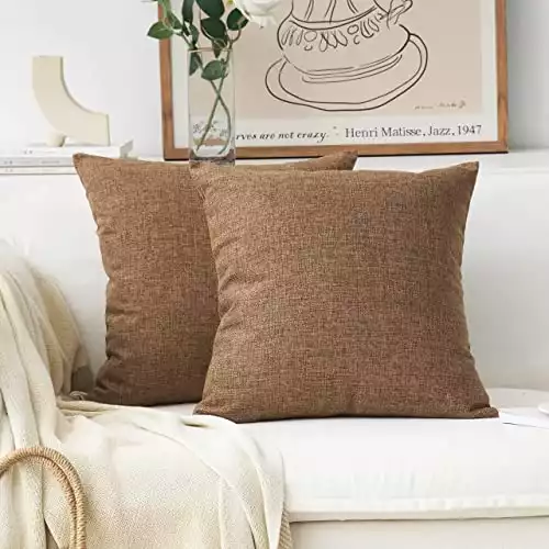 Home Brilliant Brown Throw Pillows for Couch Set of 2 Lined Linen Throw Pillow Covers for Bench Sofa, 22x22 inches, 55 cm