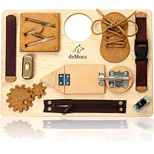 deMoca Montessori Busy Board for Toddlers - Wooden Sensory Toys - Toddler Preschool Learning Activities for Fine Motor Skills Travel Toy Educational Learning Toys for 3 Years Old