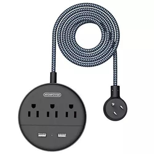 NTONPOWER 10 FT Braided Extension Cord Power Strip with USB, Wall Mount Power Strip Flat Plug with 3 Outlets 2 USB Ports, Compact Nightstand Desktop Charging Station Home Office Dorm Essentials, Black