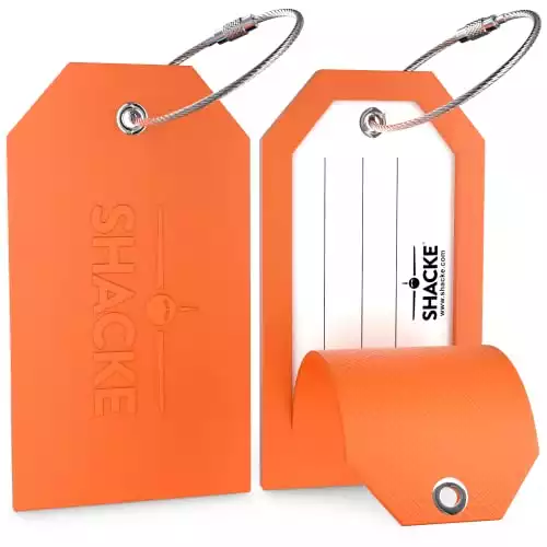 Shacke Large Luggage Tags (2pcs) with Privacy Cover and Steel Loops (Orange)