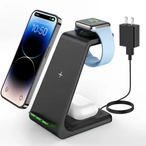 Wireless Charging Stand, GEEKERA 3 in 1 Wireless Charger Dock Station for iPhone 14 Pro Max/14 Pro/14 Plus/13/12/11/X/8 Series, Apple Watch Ultra/SE/8/7/6/5/4/3/2, AirPods Pro/3, Samsung Qi Phones