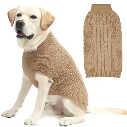 K9meme Cable Knit Dog Sweaters for Small Medium Large Dogs with Reflective Yarn for Fall Winter, Soft Warm Dog Clothes for S M L Sized Breeds Dogs, Pullover Dog Knitwear with Leash Hole, Khaki XXL