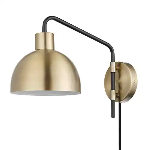 GLOBE Electric 51719 1-Light Plug-in or Hardwire Wall Sconce, Antique Brass, Matte Black Accent, Fabric Cord, in-Line On/Off Switch, Kitchen, Reading Light, Home Essentials, Bedroom, Bedside Lamp